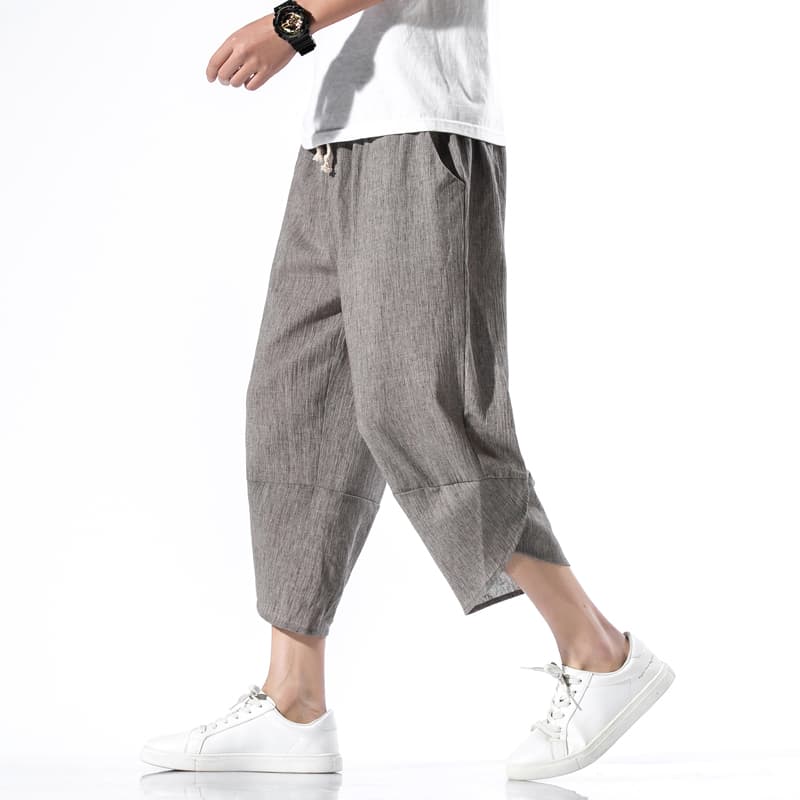 ワイドパンツ メンズ 麻混リラックスクロップドワイドパンツ
