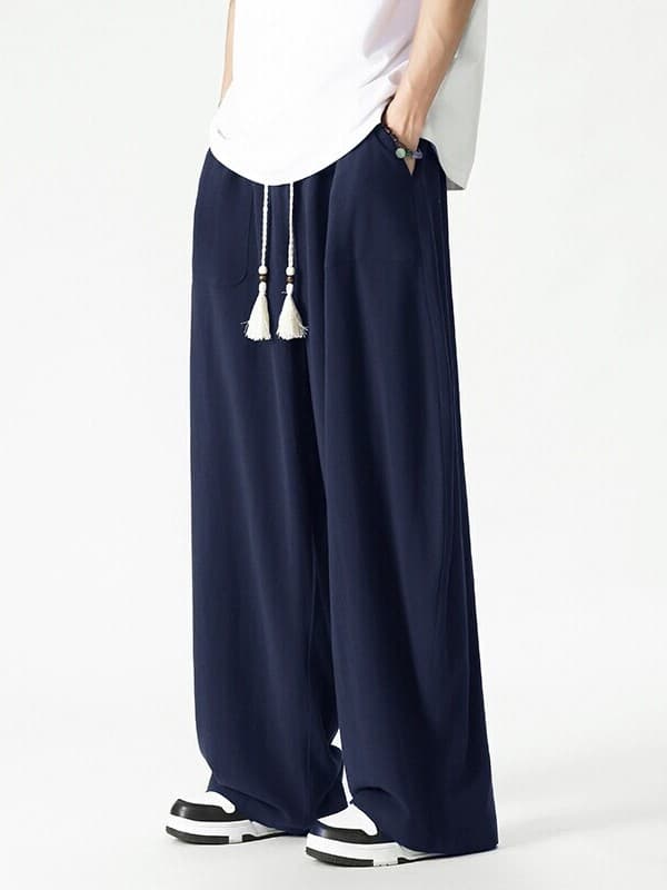ワイドパンツ メンズ 麻混素材ゆったりワイドパンツ