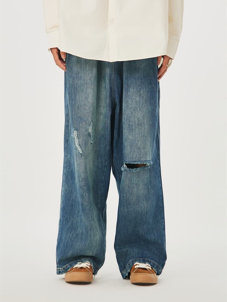 ワイドパンツ メンズ レトロ風ダメージ加工ワイドジーンズ