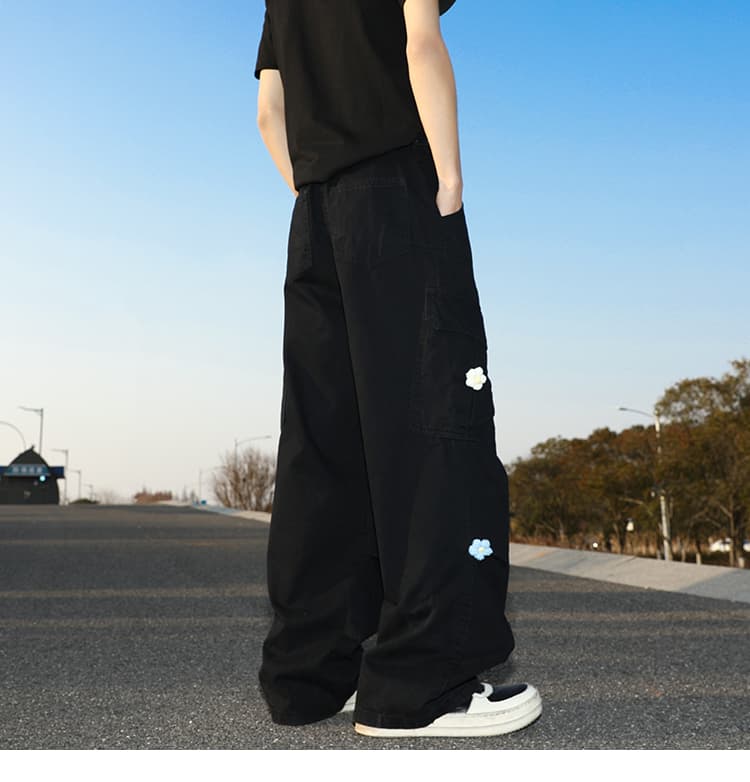 ワイドパンツ メンズ ワイドパンツ メンズ 花刺繍入りゆったりカーゴパンツ
