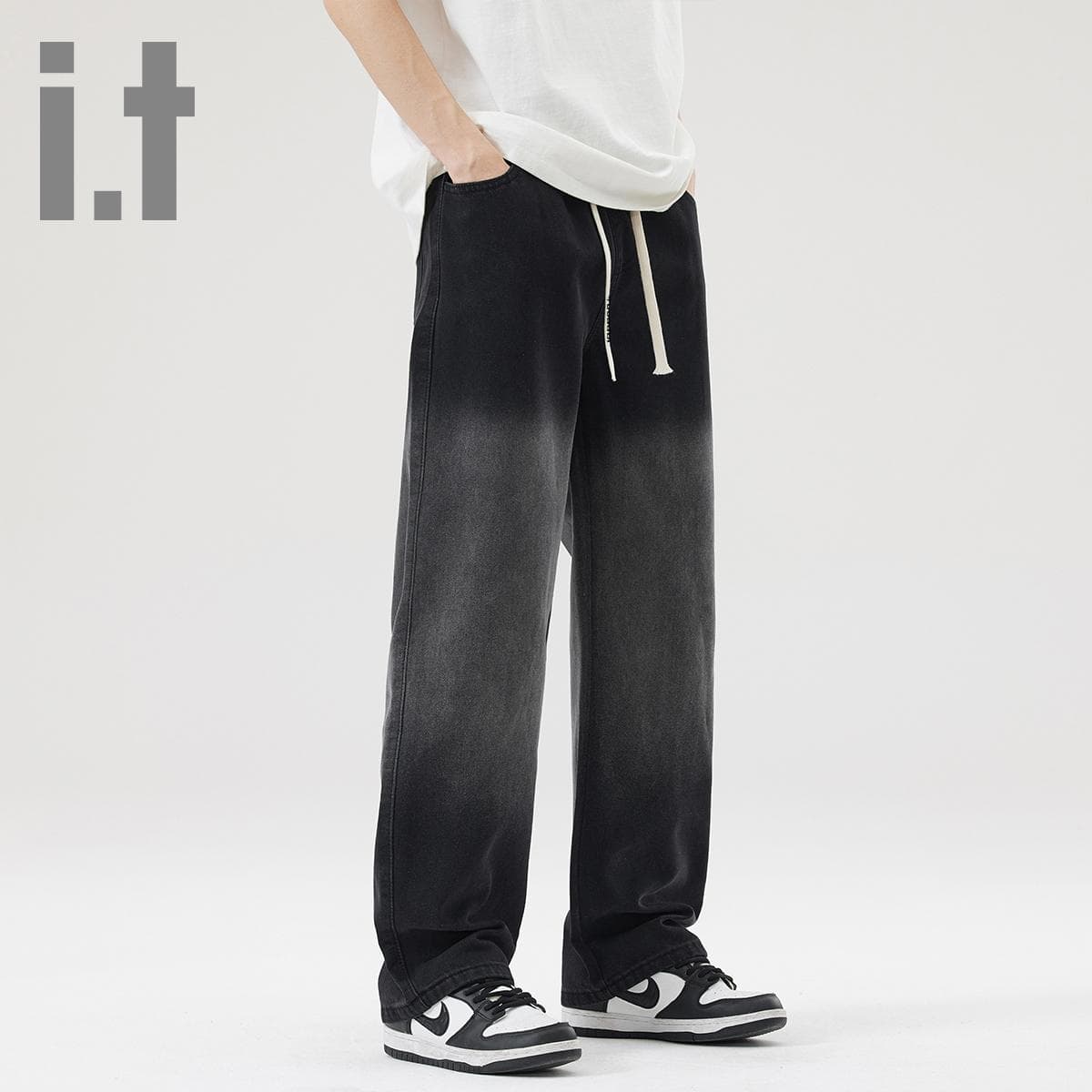 ワイドパンツ メンズ ワイドパンツ メンズ グラデーションドローコード ワイドデニム