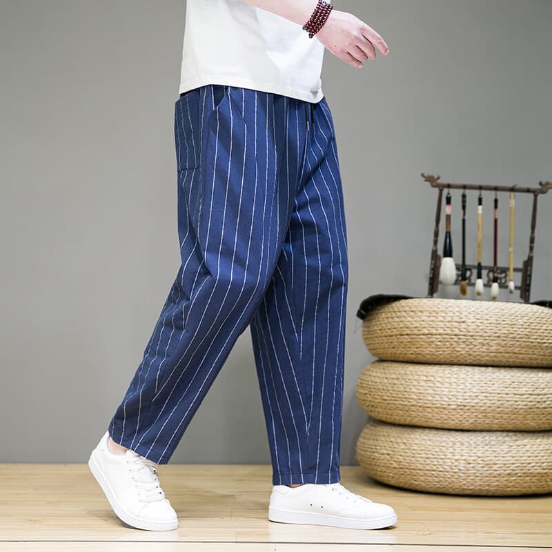 ワイドパンツ メンズ 縦ストライプワイドパンツ薄手透気性ゆったり直筒九分丈
