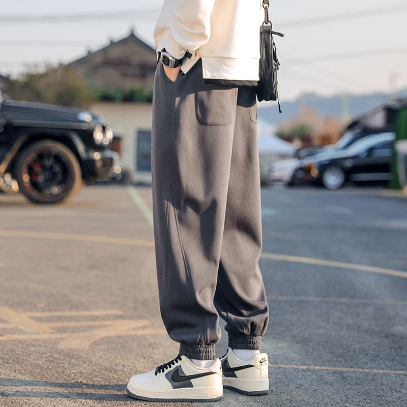 メンズワイドパンツ ゆったりシルエット裾絞り紐付きジョガーパンツ