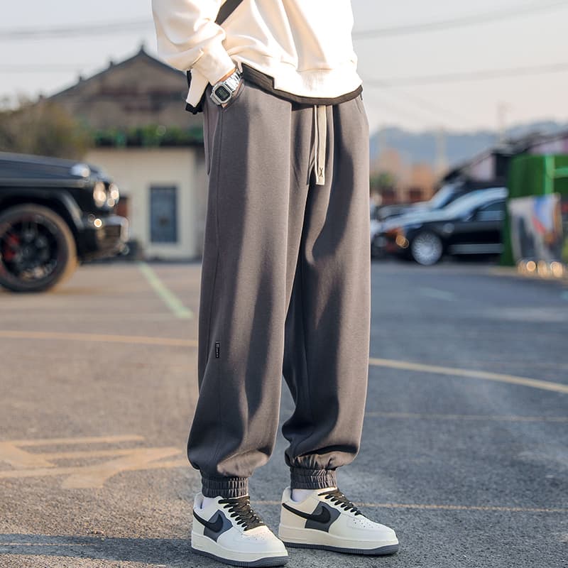 メンズワイドパンツ ゆったりシルエット裾絞り紐付きジョガーパンツ